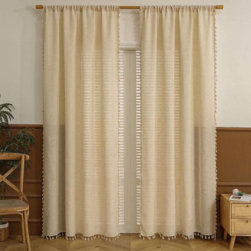 Boho Cotton Linen Curtains, Semi Sheer Natural Fabrics Curtains Tassel Rod Pocket, Farmhouse Curtains for Living Room Bedroom
