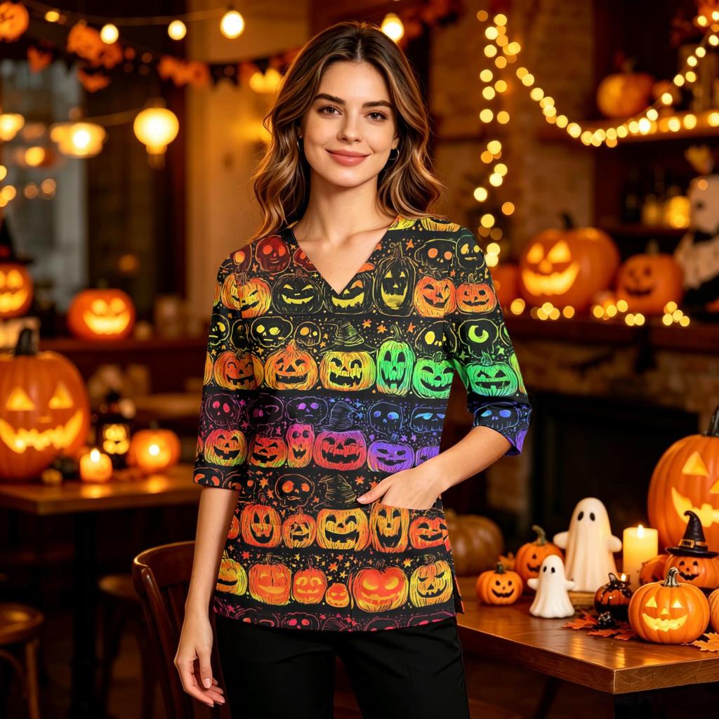 Women's Halloween Print V-Neck Uniform Top with Pockets and Side Slits, Three-Quarter Sleeve Casual Scrub