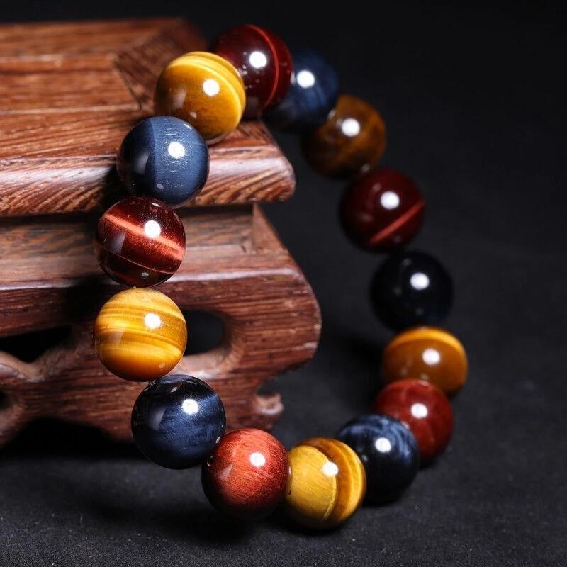 Natural Colorful Ball-Shaped Tiger Eye Bracelet with Blue Red Beads for Women Men Party Occasion Stretch Sizes 10-20mm AAAAAA