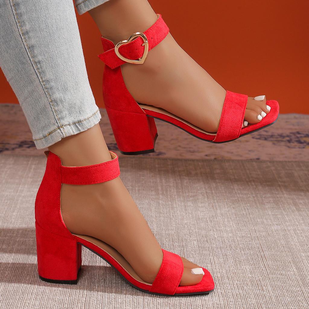 Rome Sandals For Women Summer Pu Material With Block Heel And Buckle Closure