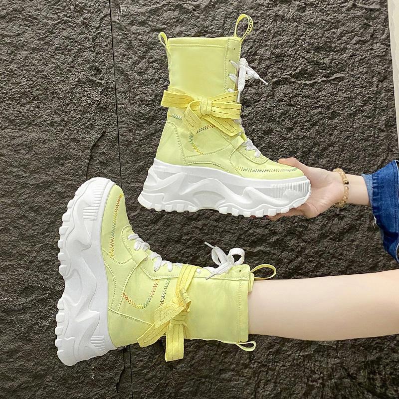 8CM Women Chunky Mid-Calf Boots New 2025 Autumn Winter Buckle Canvas Punk Shoes High Platform Motorcycle Boots Leather Sneakers