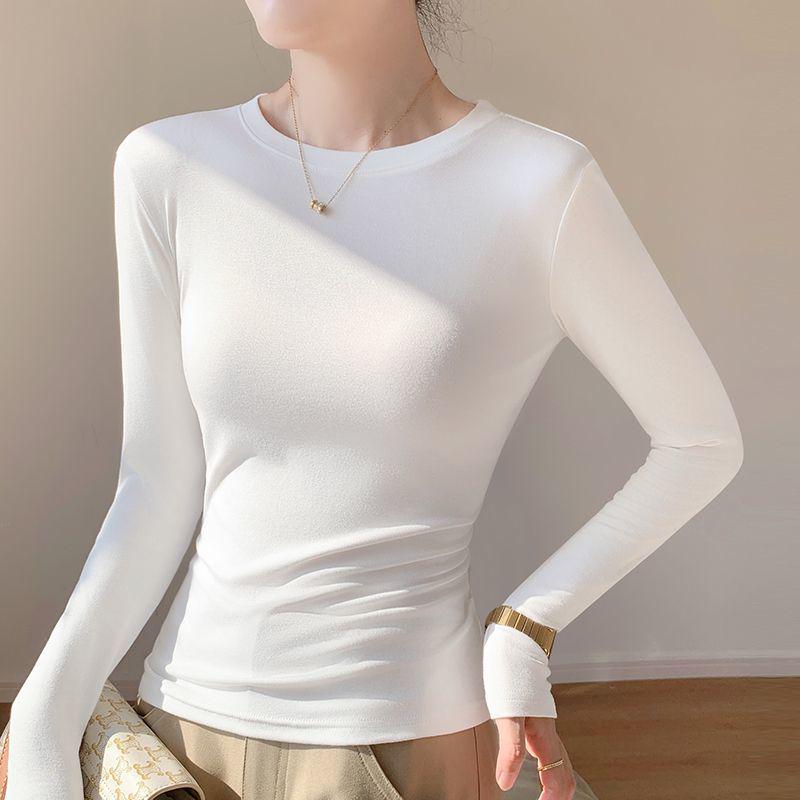Women's Pure Cotton Long Sleeve Base Layer Shirt, Autumn 2025, Round Neck, Versatile Solid Color, Slim Fit T-shirt