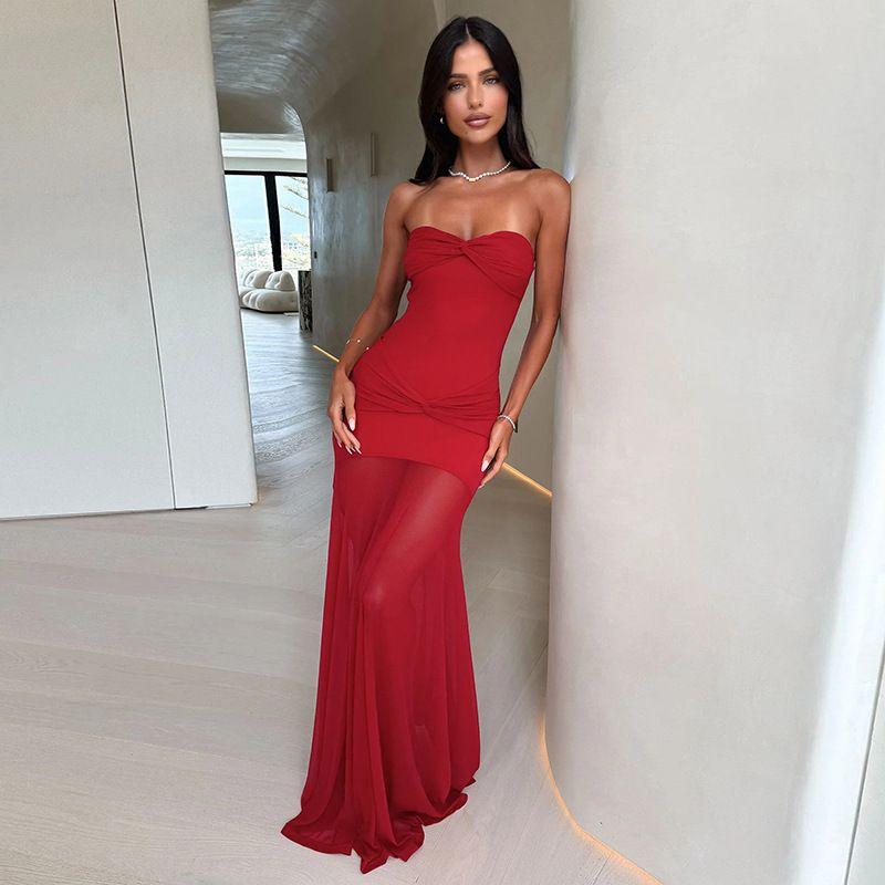 

Модный стиль Зарубежный Новинка Элегантное облегающее платье-труба без спинки с плиссировкой из сетки, просвечивающееся Длинное платье Изящное платье-труба для женщин Red L