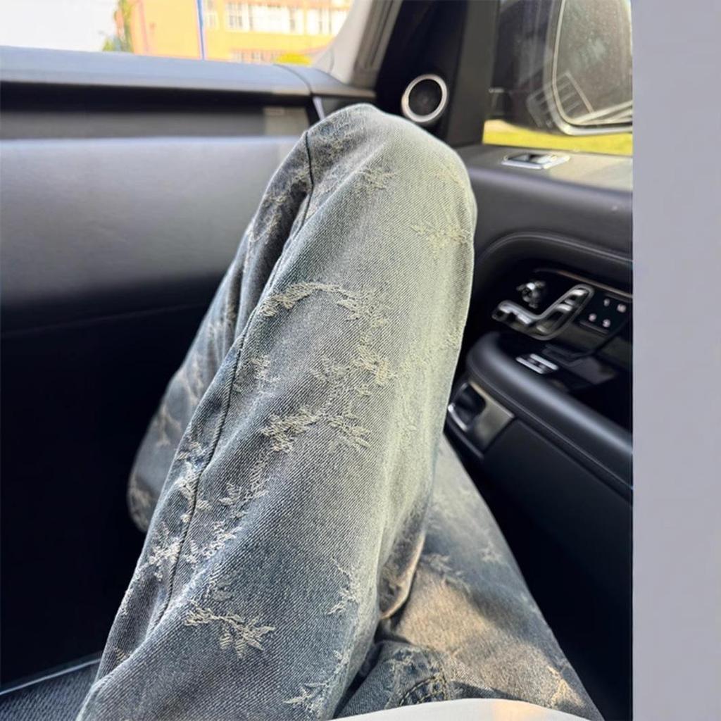 Pánské 2024 Podzimní Slim Straight Leg Prané Žakárové Džíny