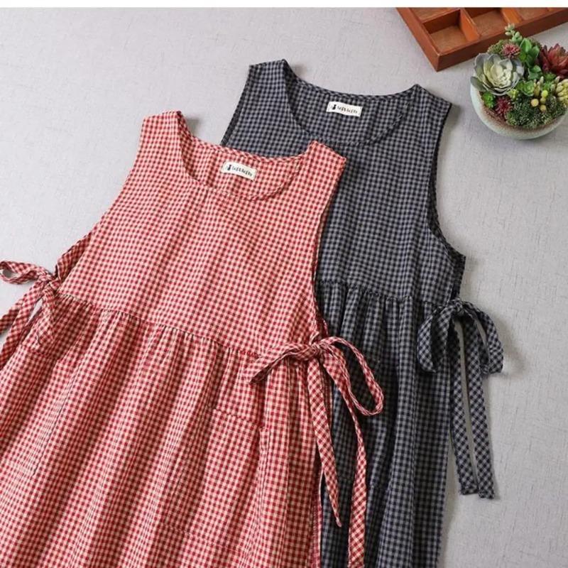 Summer Women Fashion Plaid Sleeveless Long Dress O Neck Casual Dresses Ladies Loose Pockets A Line Vestidos