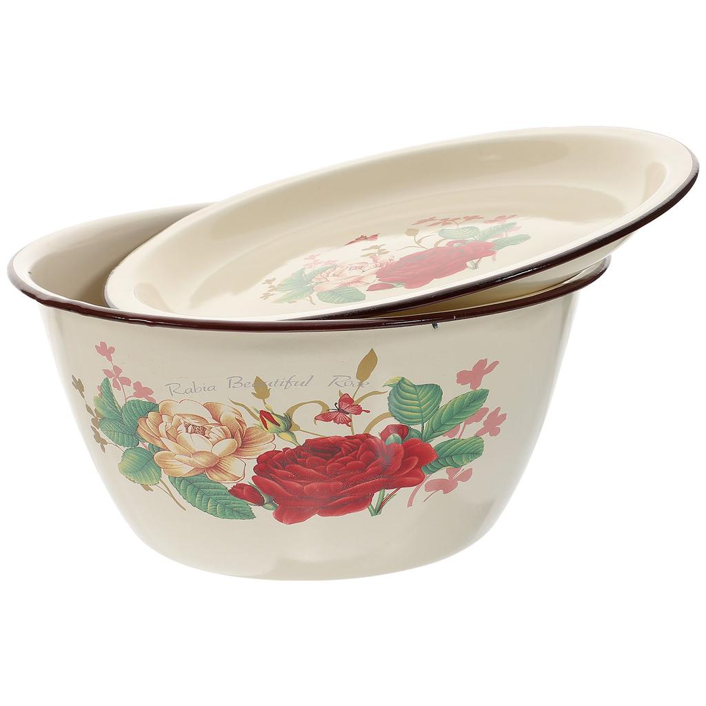 1 Set 20cm 2L Vintage Enamel Basin with Plain Lid Old-Style Retro Enamelware,Kitchen Mixing/Serving/Oil Storage Bowl,Home
