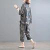 Korean Style Large Size Meat-covering Two-piece Suit with Printed Retro Temperament Women's Summer Casual Suit