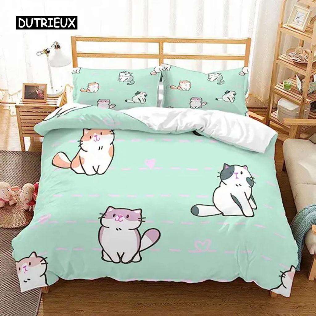 Cartoon Cats Green Duvet Cover Cute Cartoon Cats Pet Bedspread Printed Duvet Cover Set for Boys Girls for Room Decoration Gifts