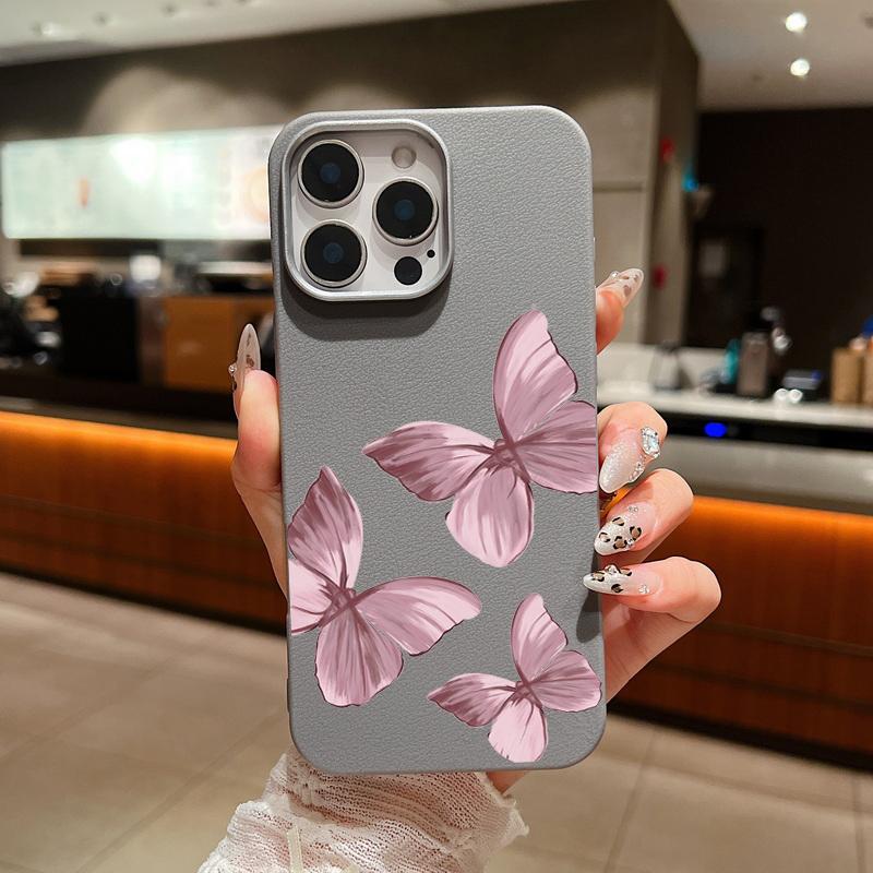 Pink Butterfly Pattern Leather Texture Slim Soft Phone Case For iPhone 16 Pro Max 15 14 Pro 13 12 11 TPU Matte Lens Protection Shockproof Bumper Cover