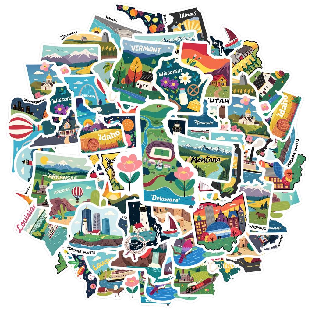 35pcs Artistic US States Stickers Colorful Landmarks Geography Stickers State Decals For Guitar DIY Skateboard Laptop Luggage