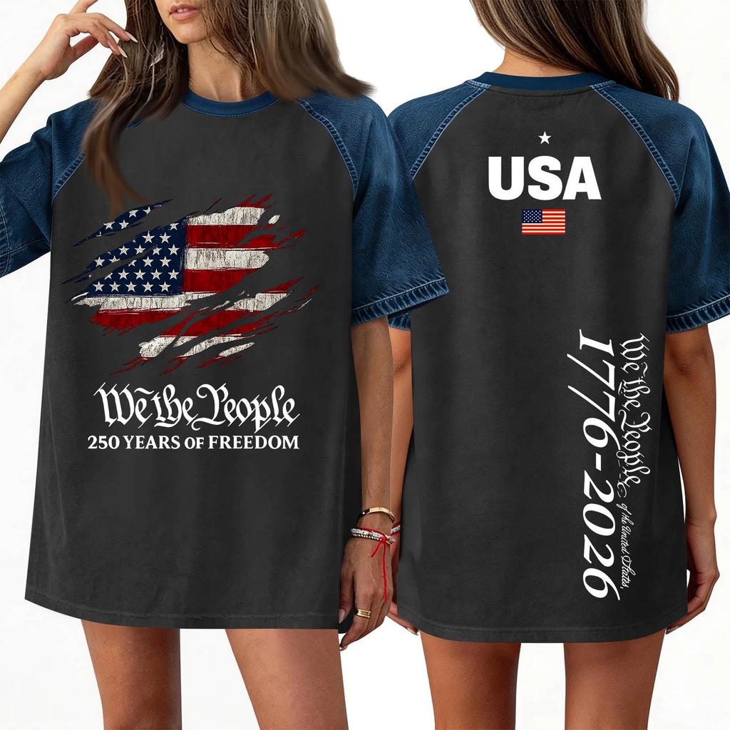Women's Denim Patchwork Top, Casual Short-sleeved Comfortable T-shirt, Fashionable For Spring And Summer.