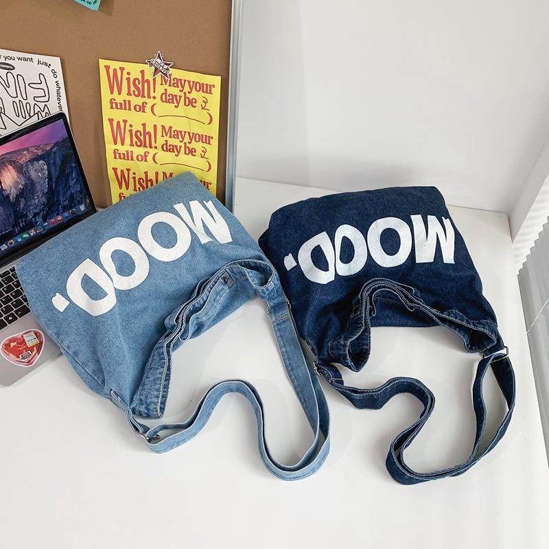 Letter Print Denim Crossbody Bag Large Capacity Student Shoulder Bag Men's Women's Handbags