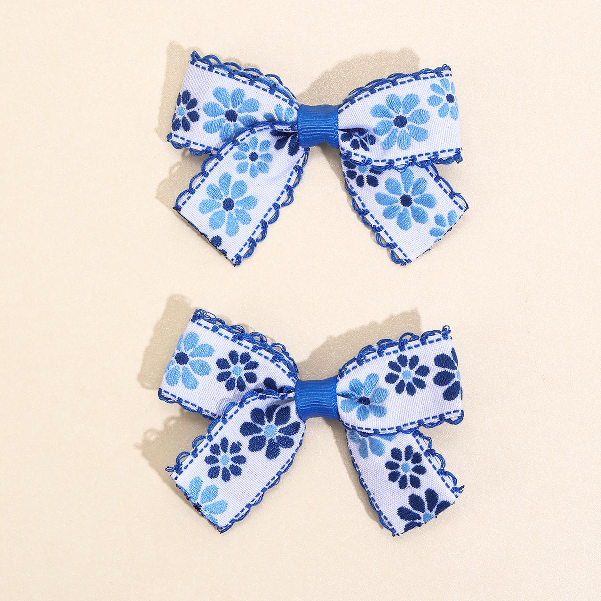 

Кобальтово-синие цветочные заколки для волос, фарфоровый цвет, цветочная вышивка, бант, броши для волос для девочек, детские парикмахерские аксессуары