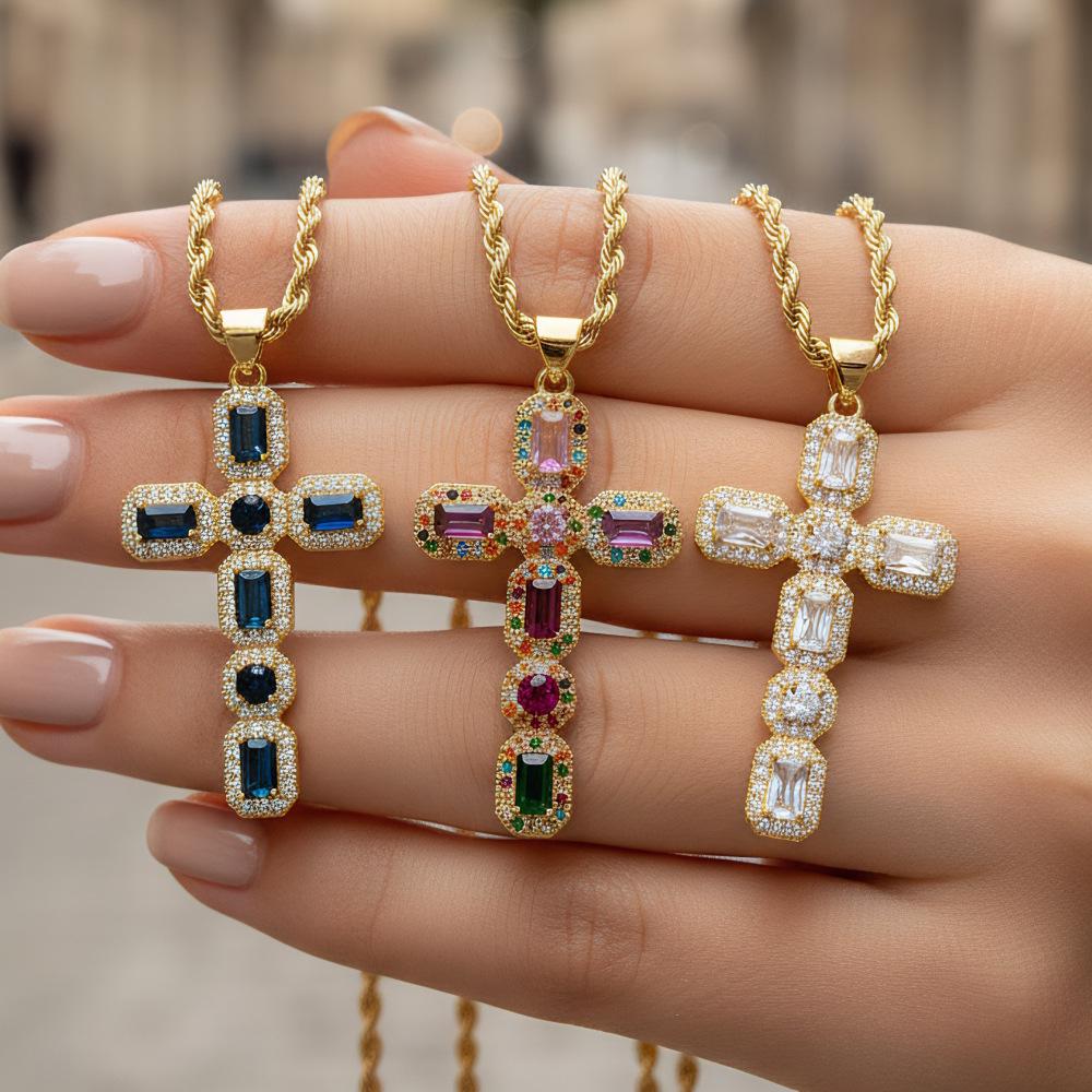 European and American Style Hip-hop Micro Inlaid Color Zirconium Cross Necklace for Women's Fashion Trend Electroplated Collarbone Chain Jewelry