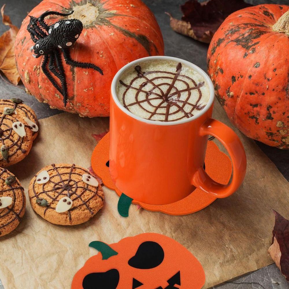 6 Pcs Orange Halloween Felt Pumpkin Coasters Non-Slip Halloween Decoration Cup Mats  Ghost Festival