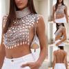 Multi Layer Pearls Crystal Crop Top Camisole for Women Backless Halterneck Tassels Chest Chain Body Jewelry Beach Vest