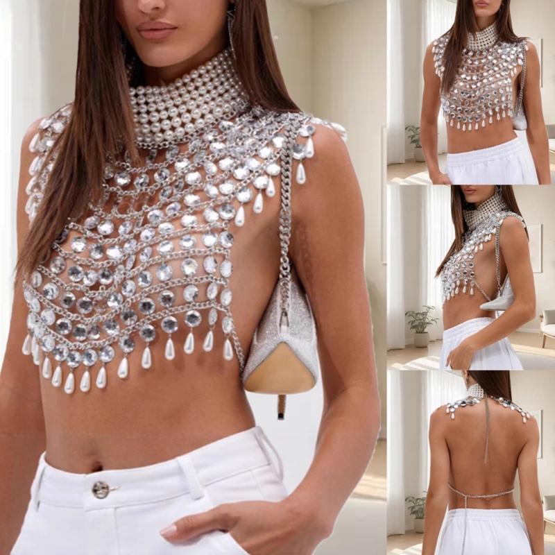 Multi Layer Pearls Crystal Crop Top Camisole for Women Backless Halterneck Tassels Chest Chain Body Jewelry Beach Vest