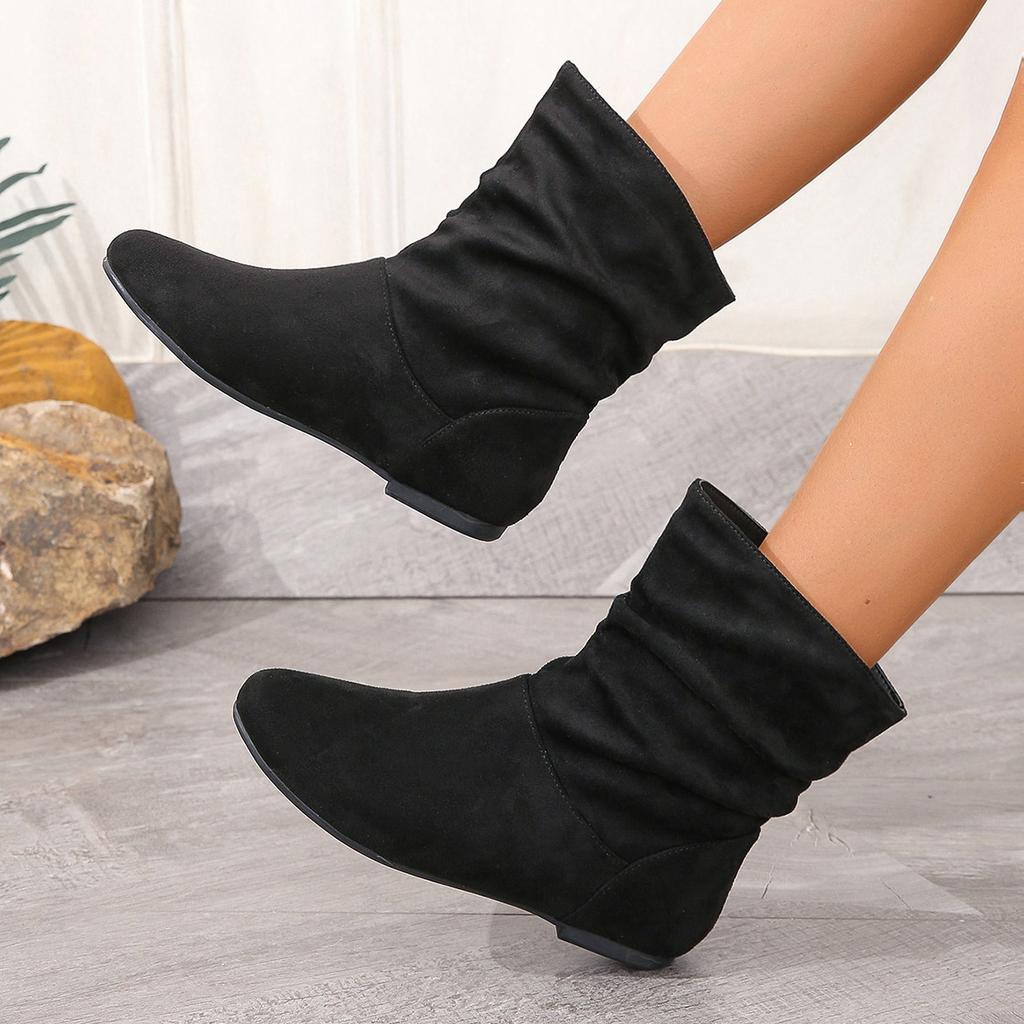 Short Boots Women's White Pleated Women's Boots Flat Bottomed Versatile Woman Boots Large Size