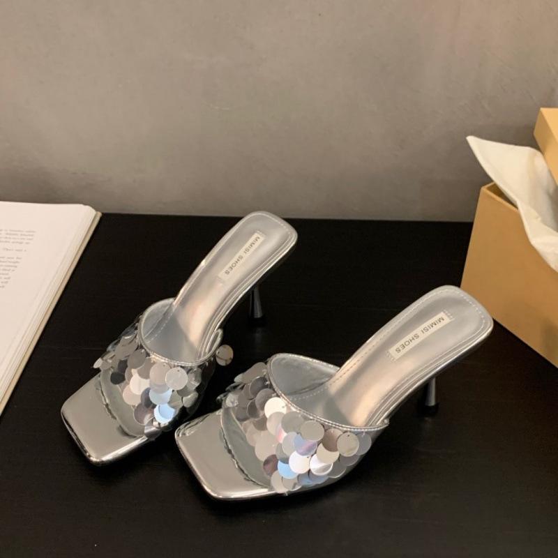 Dámské 2025 Stříbrné Francouzské Niche High-End Venkovní Sandály Žabky na Vysokém Podpatku
