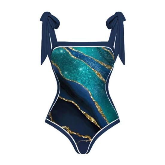 2Pcs/Set Women Printing Monokini with Skirt Sling Bandeau One-Piece Hot Spring Swimsuit with Beach Cover Up
