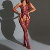 Women Halter Strap Heart Pattern See Through Mesh Open Crotch Sexy Lingerie Bodysuit