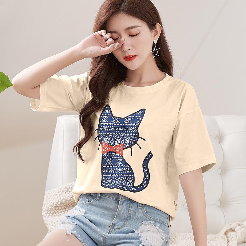Spring New Short-sleeved Ins Korean Version T-shirt Girls Round Neck Casual Printed Tops Fashionable and Cute Women's Clothing