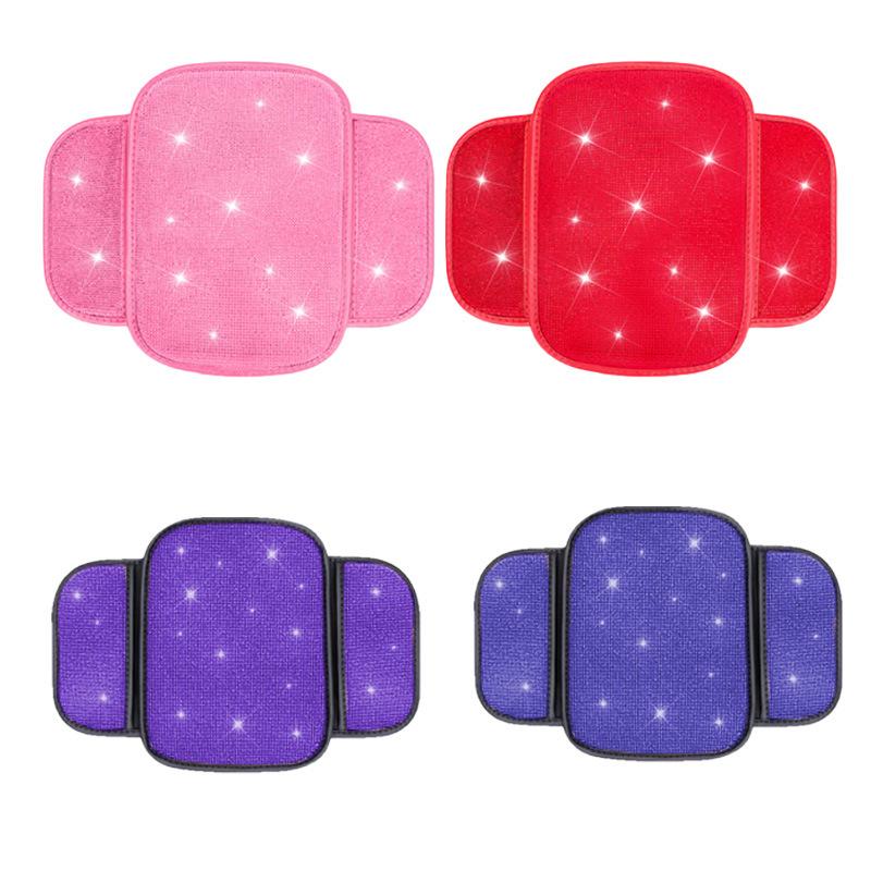 Bling Car Armrest Box Cushion With Side Phone Pocket Rhinestones Auto Center Console Protector Pad For Women Interior Accessorie