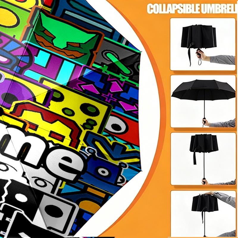 Custom Name Personalized Geometry Dash Print Umbrella, Auto Open Close, 8‑Rib Sturdy Frame, Commute Camping Hiking Use, Birthday Gift