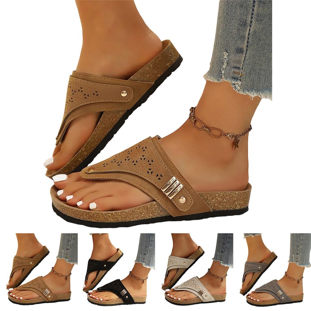 Women Plus Size Casual Hollow Out Toe Post Flip Flop Sandals Lightweight Comfortable Slip On Summer Beach Footwear