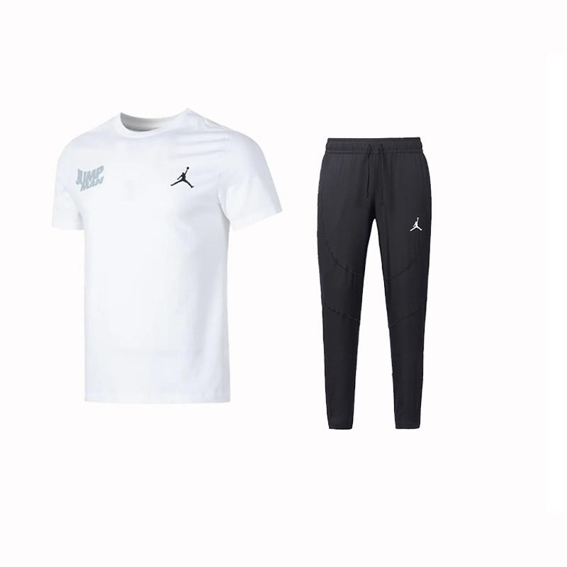 

Jordan Running Fitness Training Comfortable Crew Neck Short Sleeve Tie Waist Knitted Long Pants Casual Sports Suit Men suit FN6030-100+-DH9074-011 M