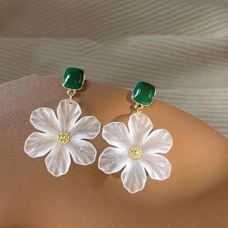Acrylic Transparent Flower Earrings Elegant Stylish Design Forest Style Square Green Drop Glazed Earrings Women's Jewelry