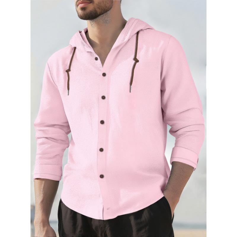New Spring and Summer Men's Hooded T-shirt Solid Color Cotton and Linen  Casual Long-sleeved Tops