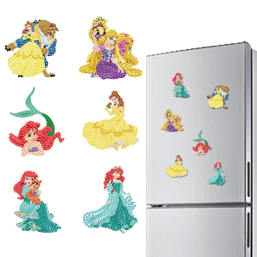 6Pcs DIY Diamond Painting Refrigerator Magnets, Disney Princess Theme, Cross-stitch Round Diamond Handicraft Home Decoration Gift