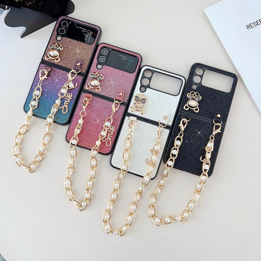 Colorful Diamond Bear Pearl Bracelet Folding Screen Protective Cover for Samsung Galaxy Flip 3/4.