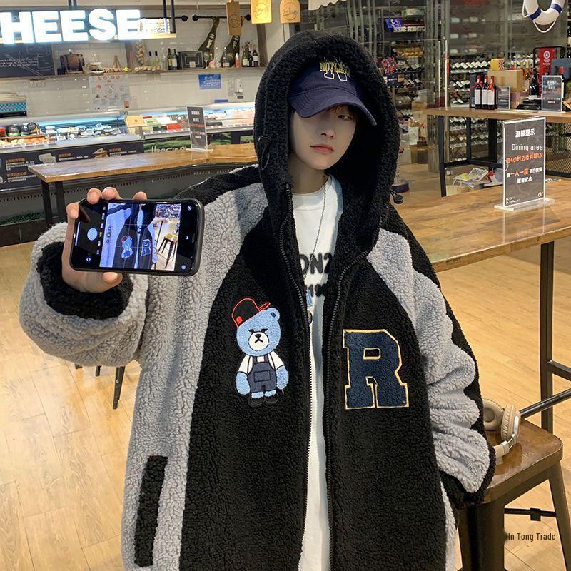 Men's Winter Lambswool Hooded Jacket: Loose, Plush, Trendy Korean Style for Couples.