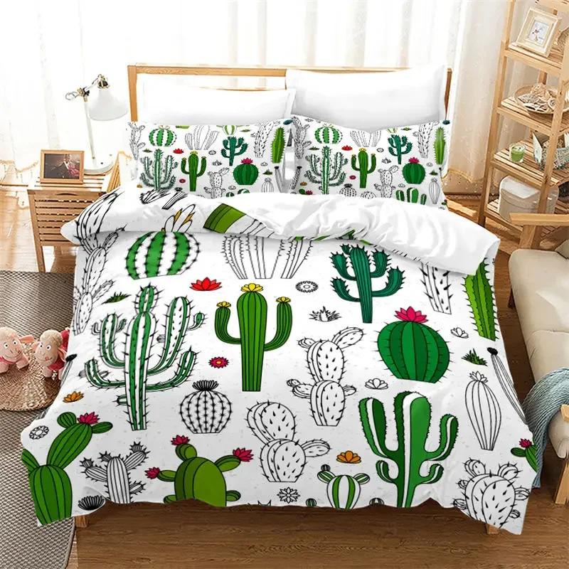 Comforter Chic Cactus Bedding Set Queen For Kids Teen Decor Cartoon Green Plants Succulents Nature Art Floral Comforter
