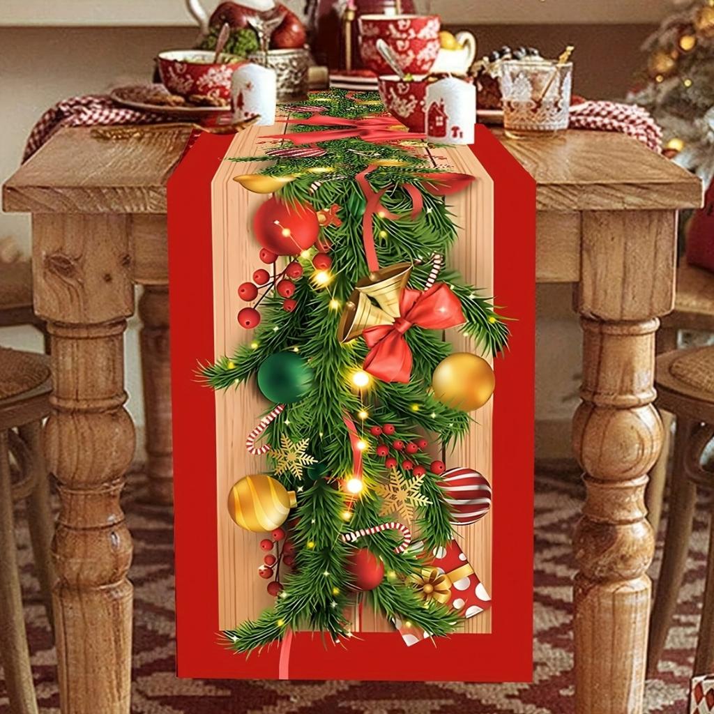 1pc Green Red Christmas Table Runner Colored Ball Pine Printed Dustproof Waterproof Tablecloth for Home Dinning Table Decoration