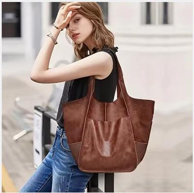 Retro Minimalist Tote Bag Large Capacity Shopping Bag Fashion PU Leather Soft Leather Shoulder Bag