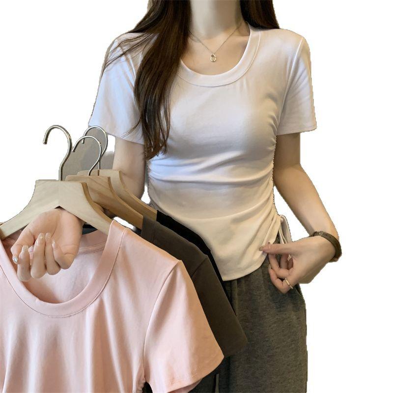 2025 Korean Style Slim Fit Short Sleeve Women's T-Shirt with Round Neck and Drawstring.