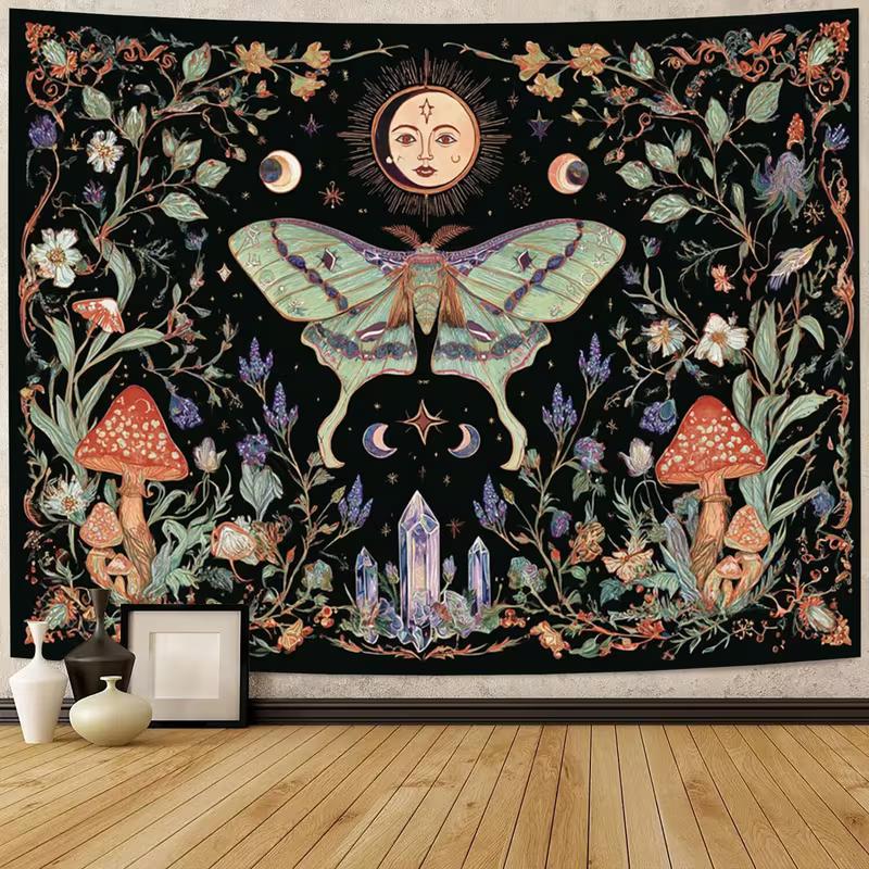 2D Boho Wall Hanging - Celestial Moth with Sun, Moon, Wildflowers & Mushrooms Background Cloth 47.2x31.5inch/120*80cm