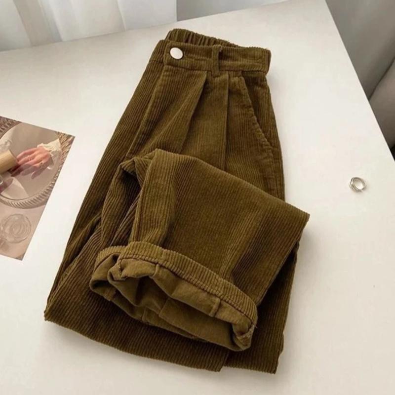 Women Korean Fashion Spring Fall Retro Straight High Waist Corduroy Pants Causal Full Length Trousers All Match Office Lady Pant