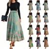 Women's Fashion Casual Belted Long Sleeve Round Neck Floral Printed Elegant Temperament Dresses