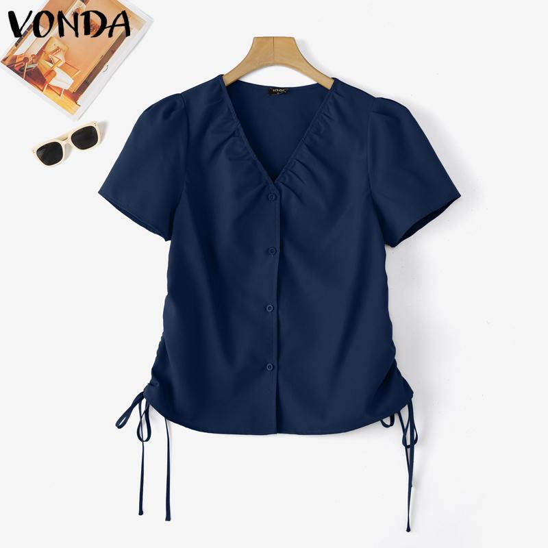 VONDA Summer Women V Neck Short Sleeve Side Drawstring Buttons Up Casual Blouse