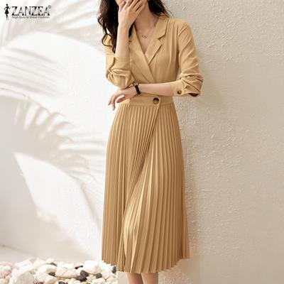 Women Casual Notched Lapel Loose Long Sleeve Pleated Dress