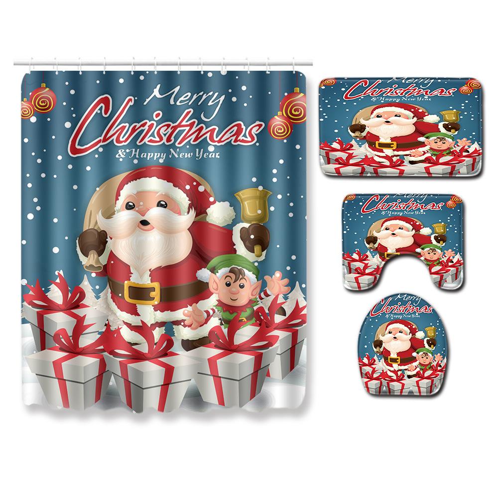 Christmas Toilet Seat Shower Curtain Four-Piece Printed Floor Mat Set Bathroom Floor Mat Bedroom Absorbent Door Mat Carpet
