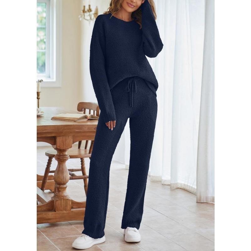 Women Fuzzy Knit Two Piece Set Round Neck Long Sleeve Sweater And Wide Leg Pants Loungewear