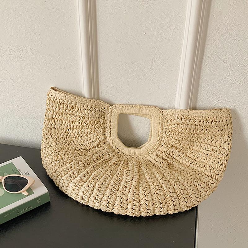 Sommerhalm Kvinner Half-moon Beach Handbag Rattan Håndlaget håndtak Mote Kintted Tote Bag