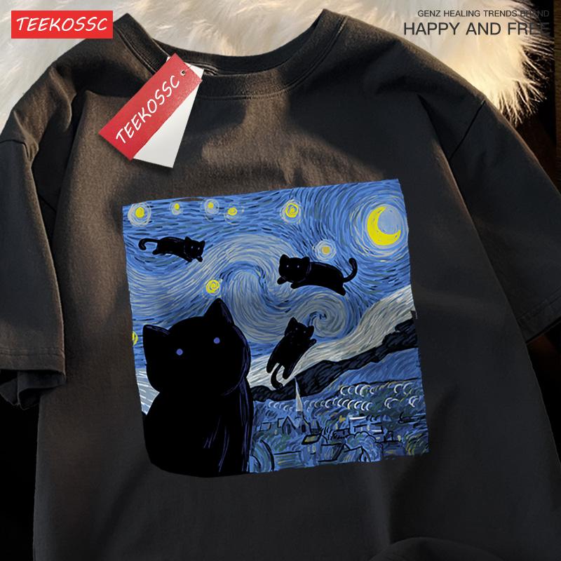 Oil Painting The Starry Cat Night Tshirt Men Women Casual Breathable Summer Tshirts Oversized Loose T Shirt Cotton Clothing