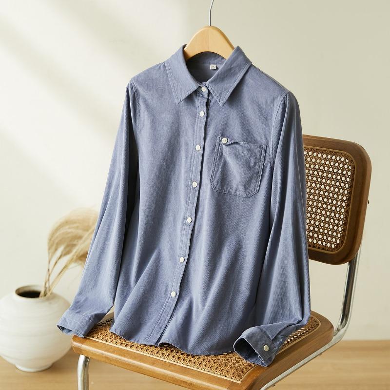 Rose Red Brushed Shirt Women s Long-sleeved Spring New Top Design Lapel Casual Cotton Shirt M синий