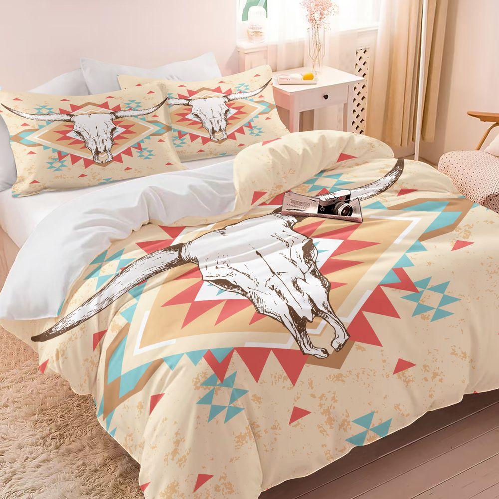 2/3Pcs Western Bull Skull Print Duvet Cover Set (1 Duvet Cover & 1/2 Pillowcase) Boho Tribal Bedding Set For Bedroom Decor